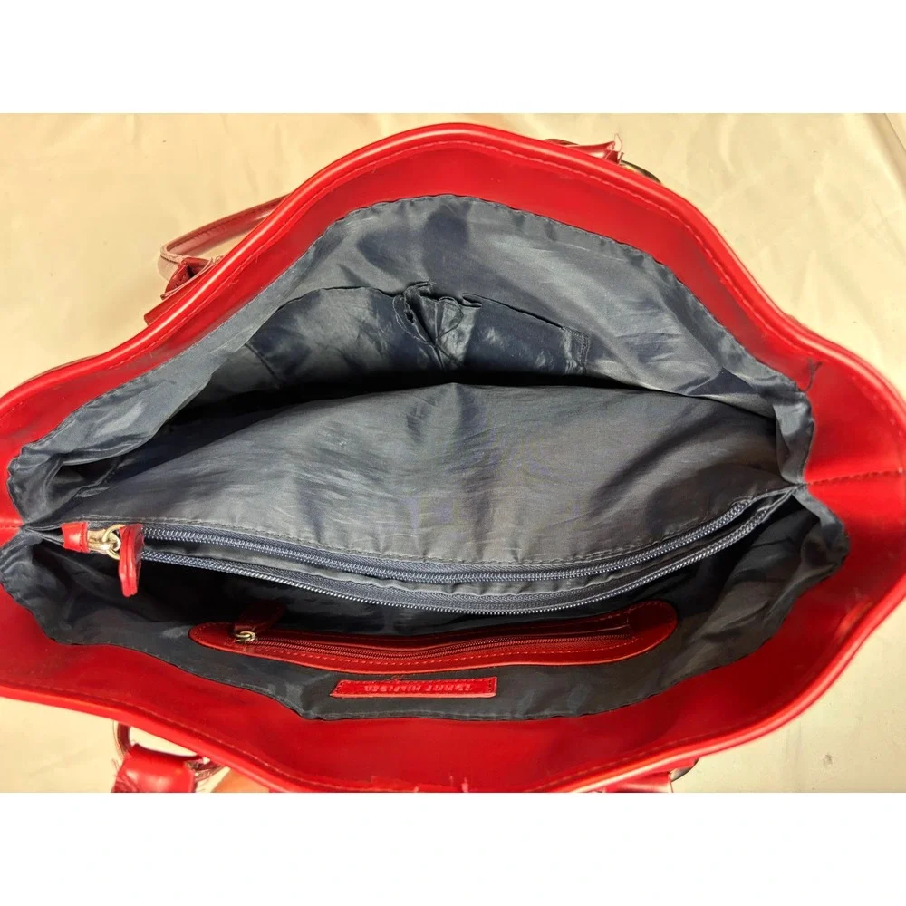 Tommy Hilfiger Red Quilted Faux Leather Shoulder Bag Tote Silver Tone Hardware